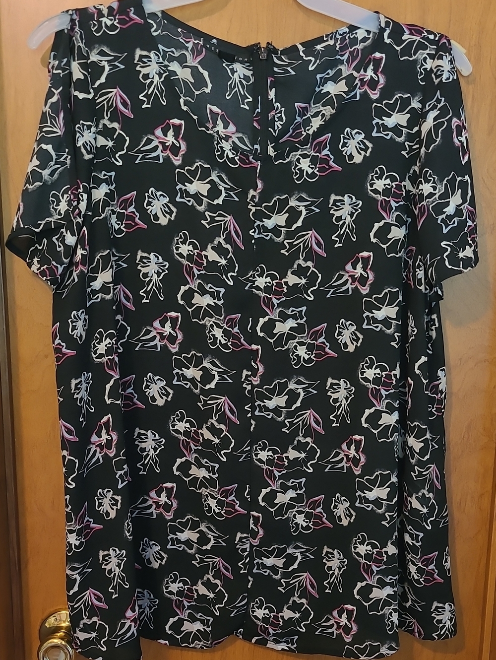 attention Black Top with White, Blue, and Pink Floral Print